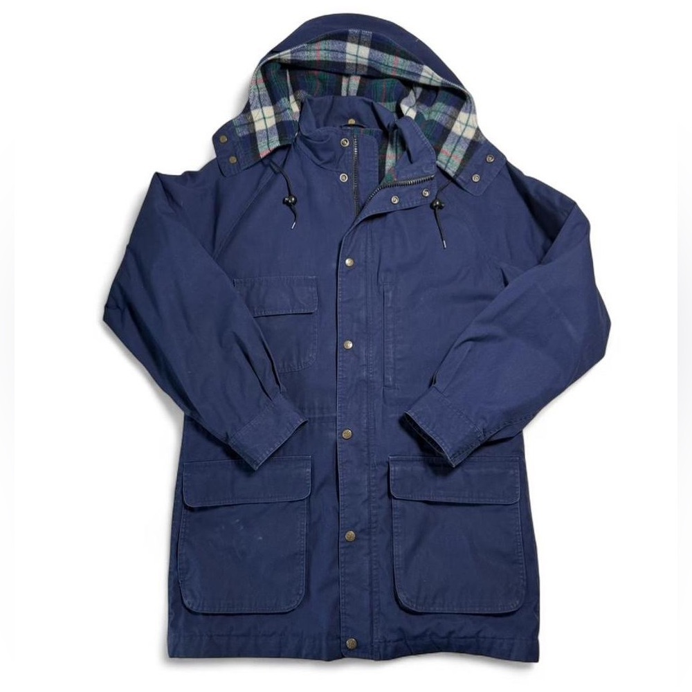 Eddie Bauer Navy Plaid Lined Hooded Field Parka Jacket Mens M